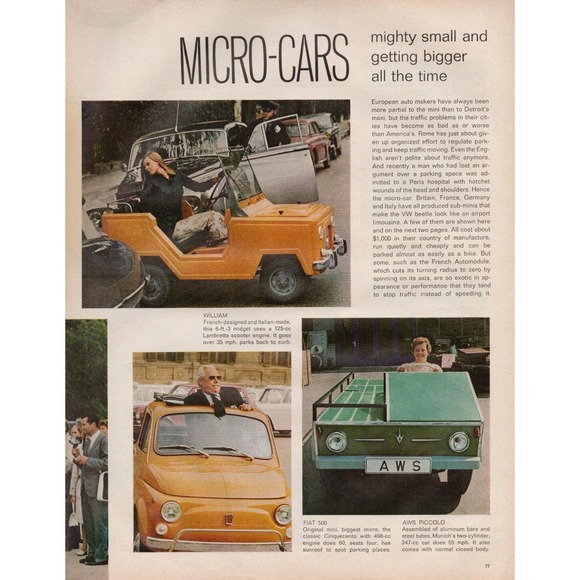 Euro Micro Cars Fiat 500 AWS Piccolo Bond Bug Automodule Two Page Print Ad 1970 - Picture 2 of 5